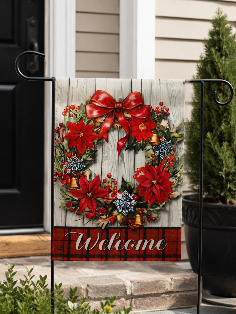 ChristmasWelcome Holiday Wreath Garden Flag - Red Poinsettia Design